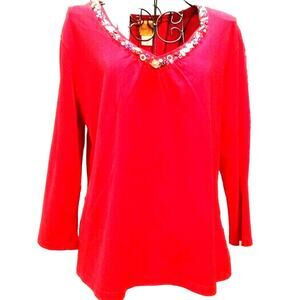 Ruby Rd. Top Beaded Neckline Size M Red Cotton Blend 3/4 Sleeve Bright Pretty